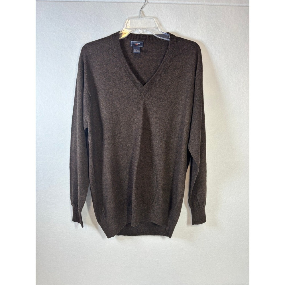 Dockers Mens V-Neck Sweater Brown Wool Blend Knit Pullover Large RN 15610